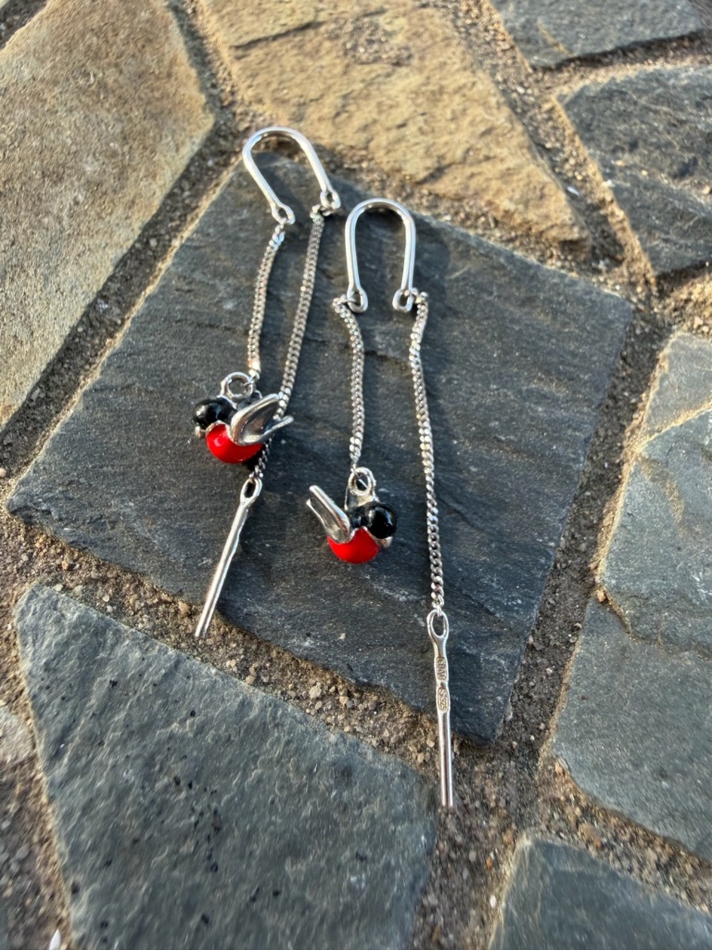 Sterling Silver Bird Dangle Earrings | Vintage Inspired Red Robin Charm